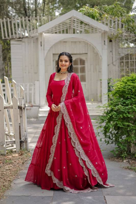 Delightful Faux Georgette 15 Meter Flared Fully Stitched Ruffle Gown - Ethnicwish