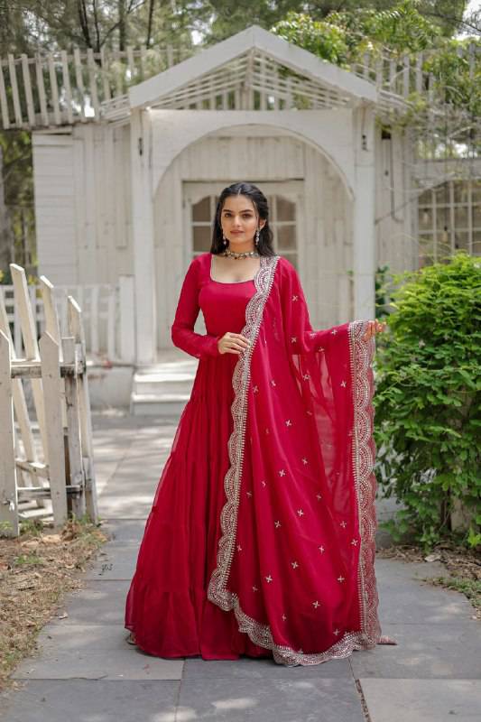 Delightful Faux Georgette 15 Meter Flared Fully Stitched Ruffle Gown - Ethnicwish