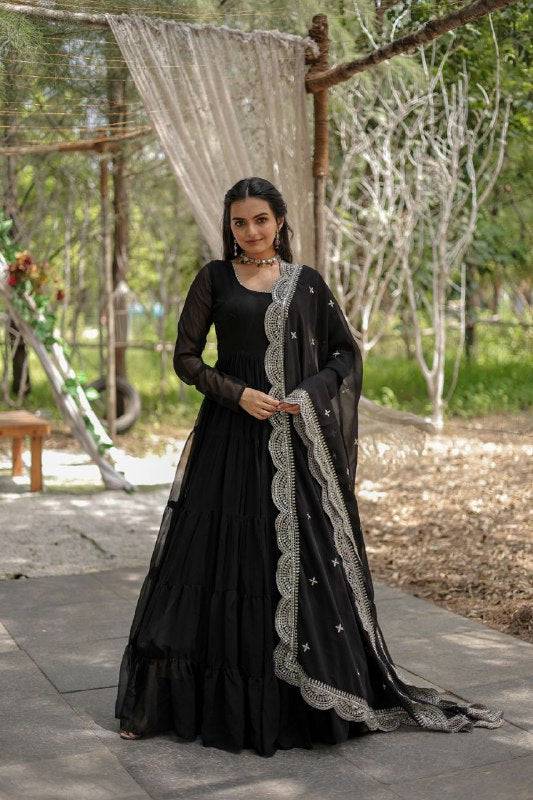 Delightful Faux Georgette 15 Meter Flared Fully Stitched Ruffle Gown - Ethnicwish