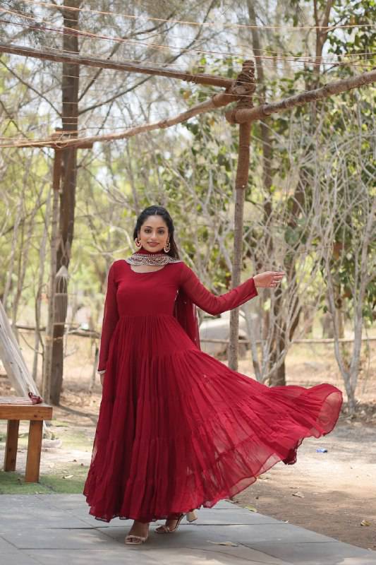 Delightful Faux Georgette 15 Meter Flared Fully Stitched Ruffle Gown - Ethnicwish