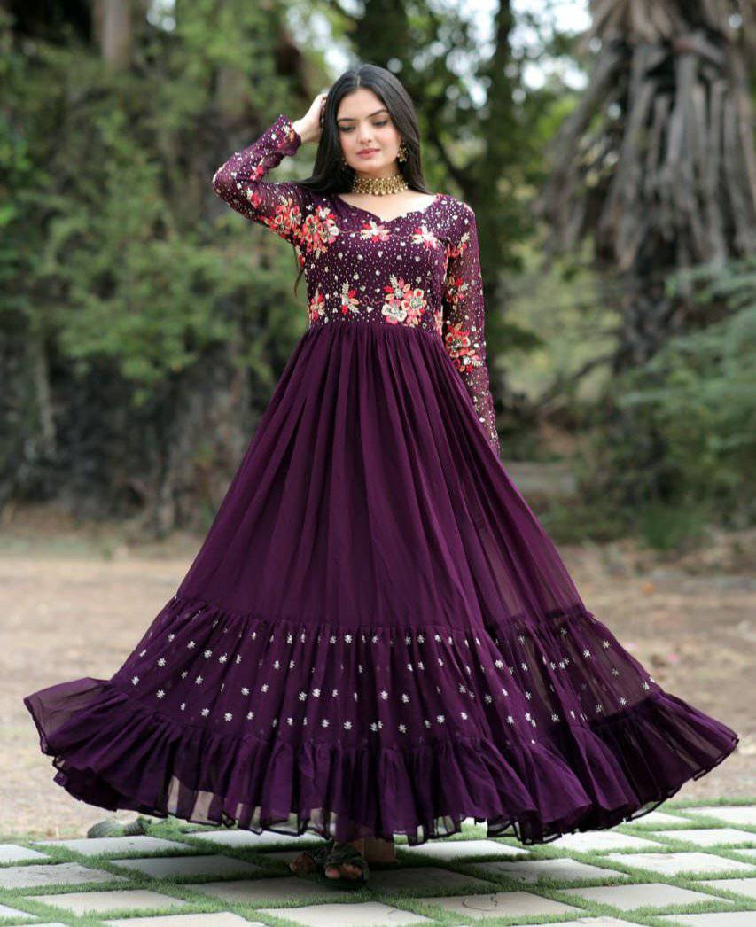 Prepossessing Wine Faux Georgette Sequins Worked Designer Gown - Ethnicwish