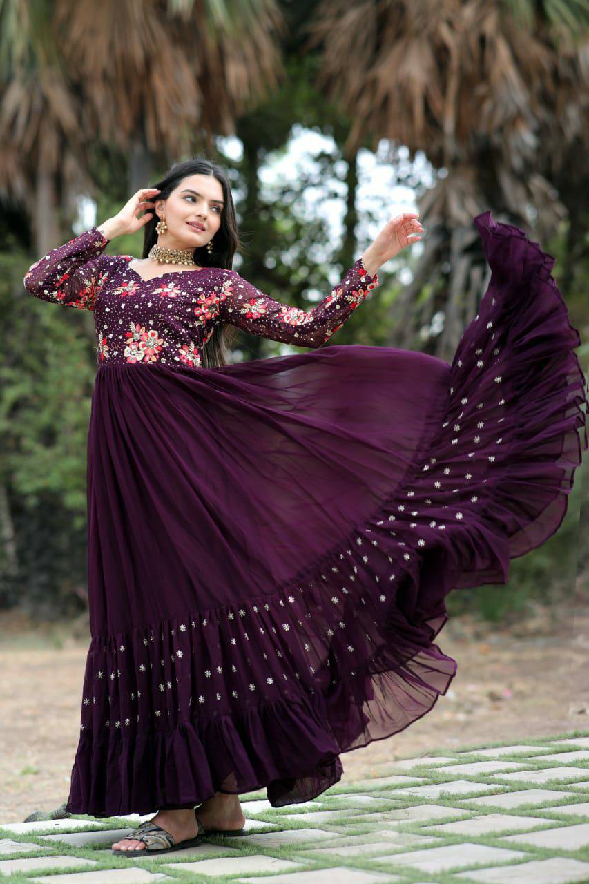 Prepossessing Wine Faux Georgette Sequins Worked Designer Gown - Ethnicwish
