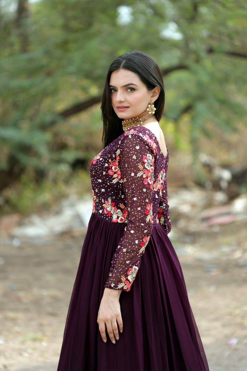 Prepossessing Wine Faux Georgette Sequins Worked Designer Gown - Ethnicwish