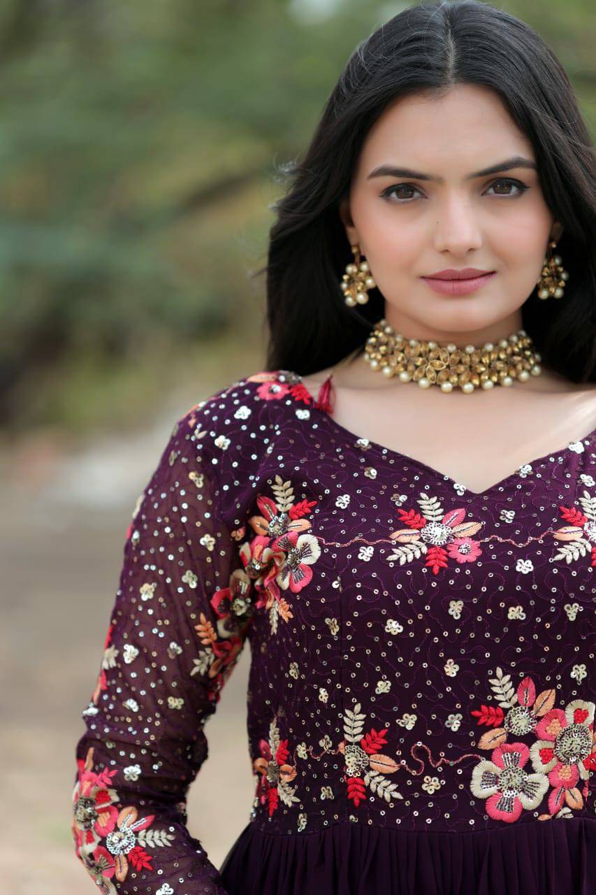 Prepossessing Wine Faux Georgette Sequins Worked Designer Gown - Ethnicwish