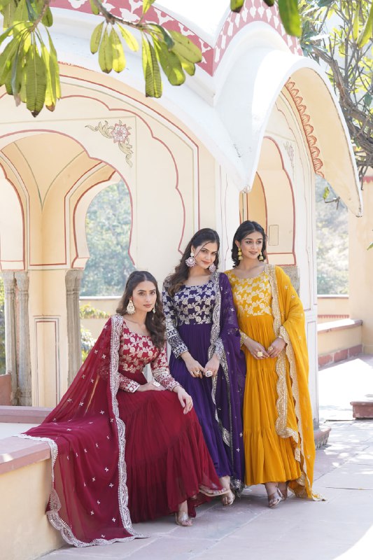 Enticing Faux Georgette Sequins Embroidered Festive Wear Gown - Ethnicwish