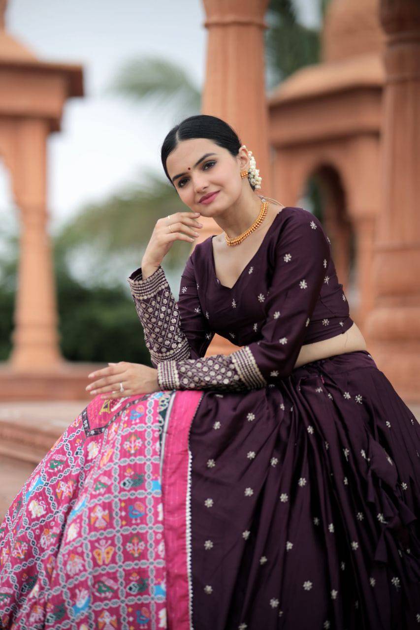 Unique Silk Sequins Embroidered Lehenga Choli Set - Ethnicwish