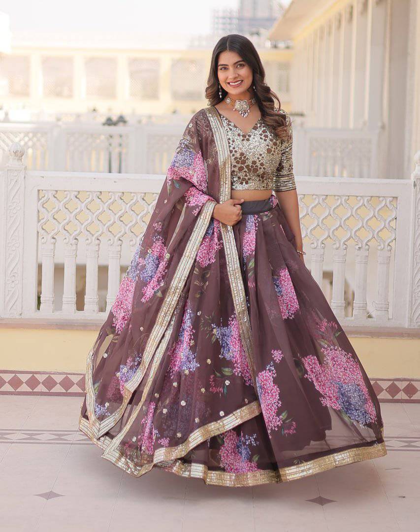 Heavenly Russian Silk Floral Sequins Embroidered Lehenga Choli - Ethnicwish