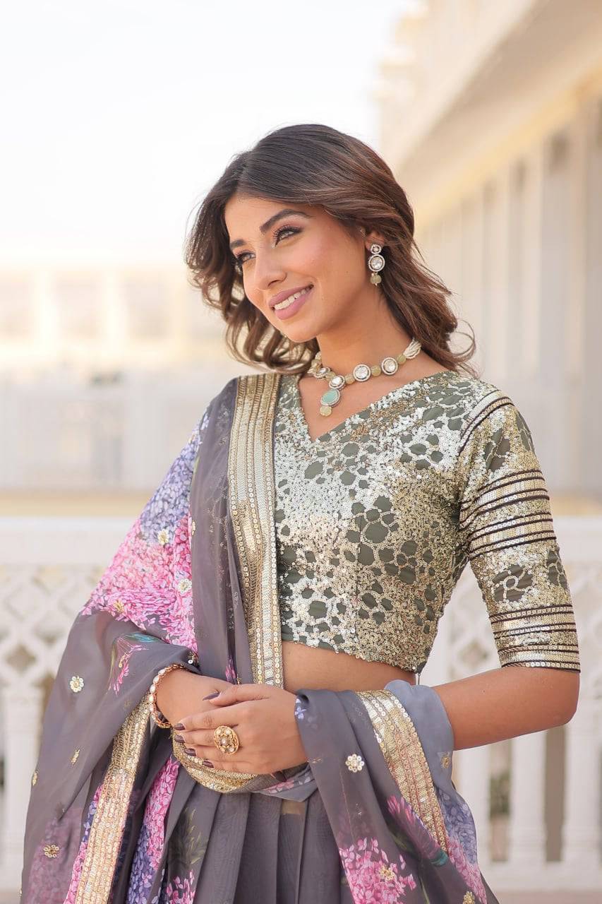 Heavenly Russian Silk Floral Sequins Embroidered Lehenga Choli - Ethnicwish