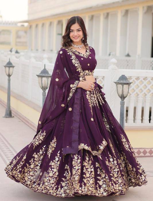 Graceful Wine Faux Georgette Wedding Wear Lehenga Choli - Ethnicwish