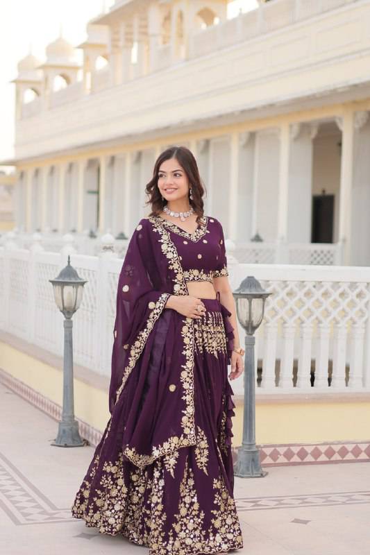 Graceful Wine Faux Georgette Wedding Wear Lehenga Choli - Ethnicwish
