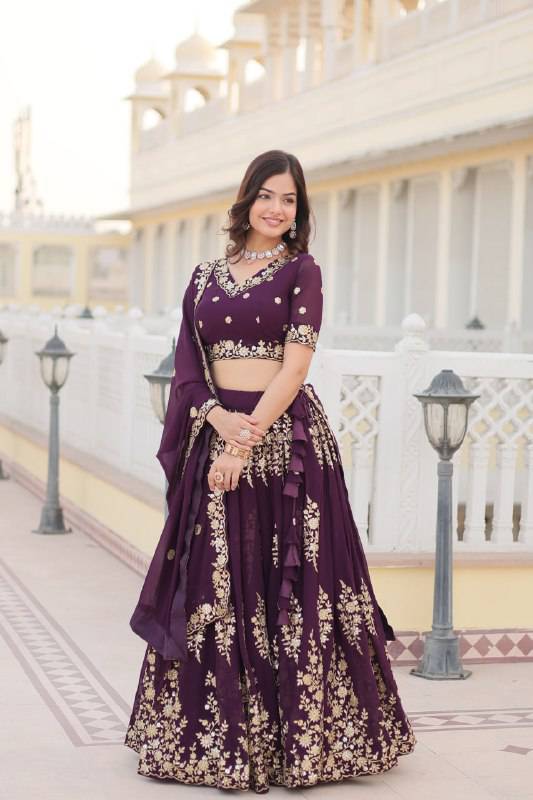 Graceful Wine Faux Georgette Wedding Wear Lehenga Choli - Ethnicwish