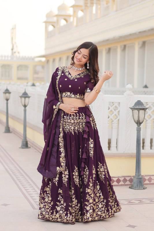 Graceful Wine Faux Georgette Wedding Wear Lehenga Choli - Ethnicwish