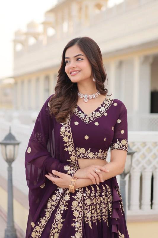 Graceful Wine Faux Georgette Wedding Wear Lehenga Choli - Ethnicwish