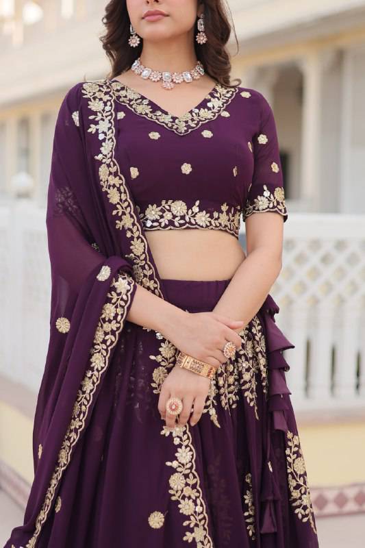Graceful Wine Faux Georgette Wedding Wear Lehenga Choli - Ethnicwish