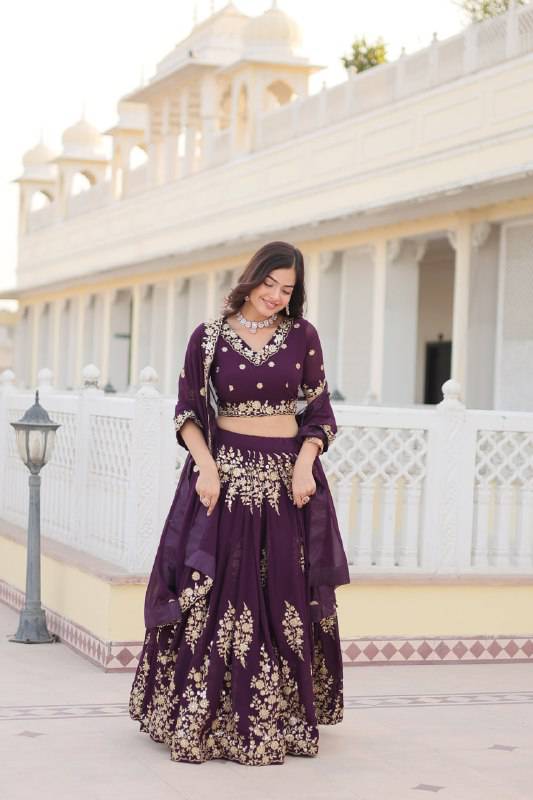 Graceful Wine Faux Georgette Wedding Wear Lehenga Choli - Ethnicwish