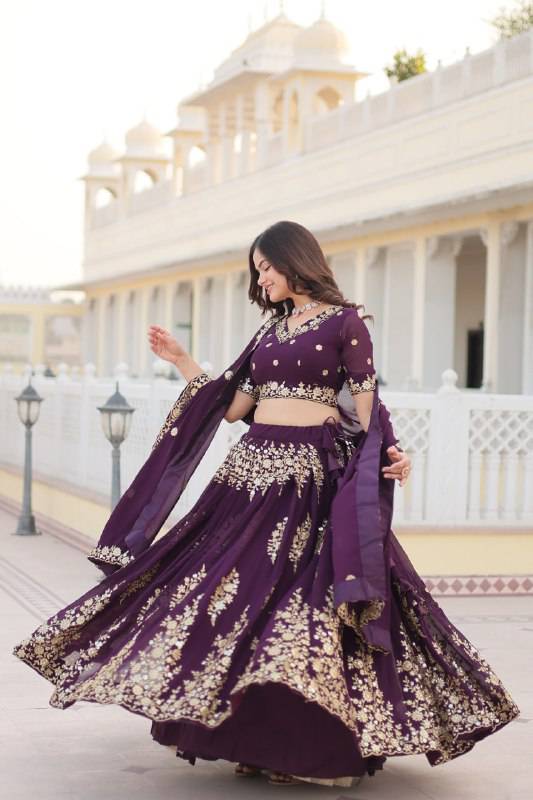 Graceful Wine Faux Georgette Wedding Wear Lehenga Choli - Ethnicwish