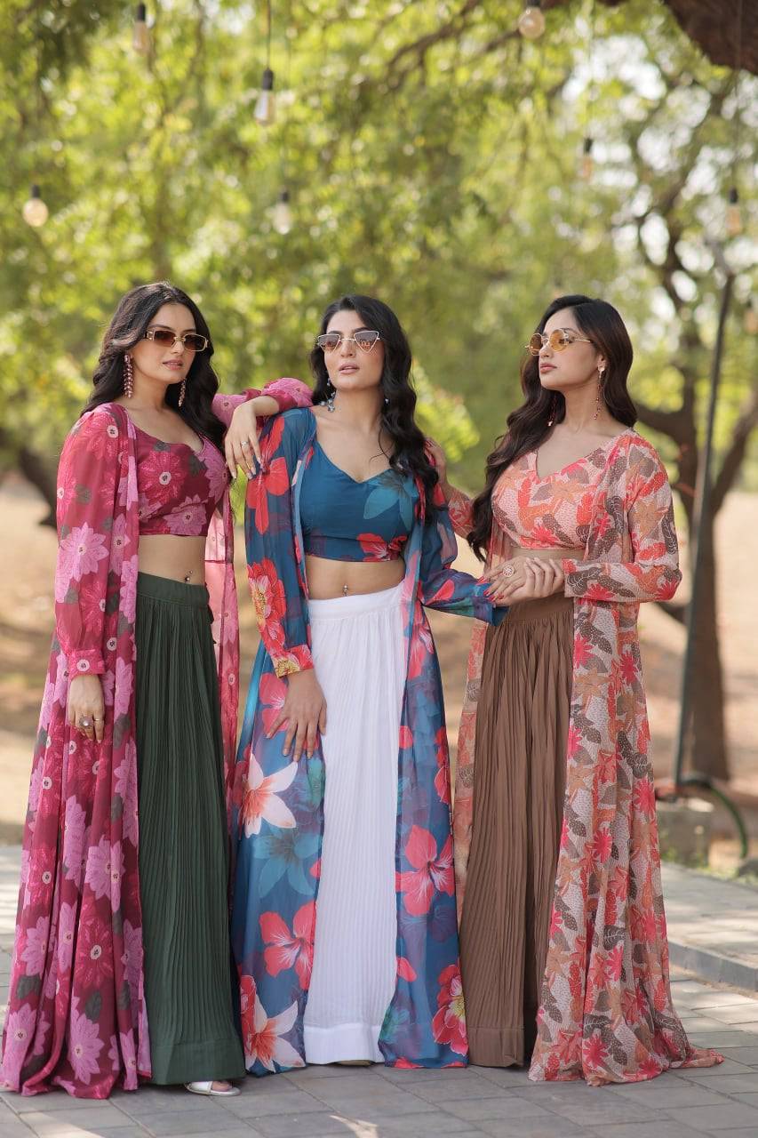 Alluring Faux Georgette Floral Printed Blouse Lehenga Shrug Set - Ethnicwish