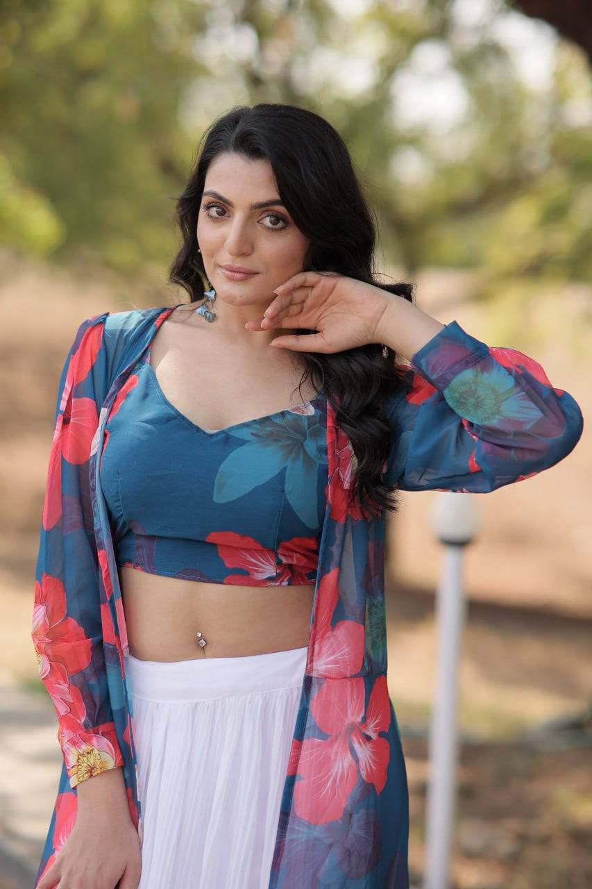 Alluring Faux Georgette Floral Printed Blouse Lehenga Shrug Set - Ethnicwish