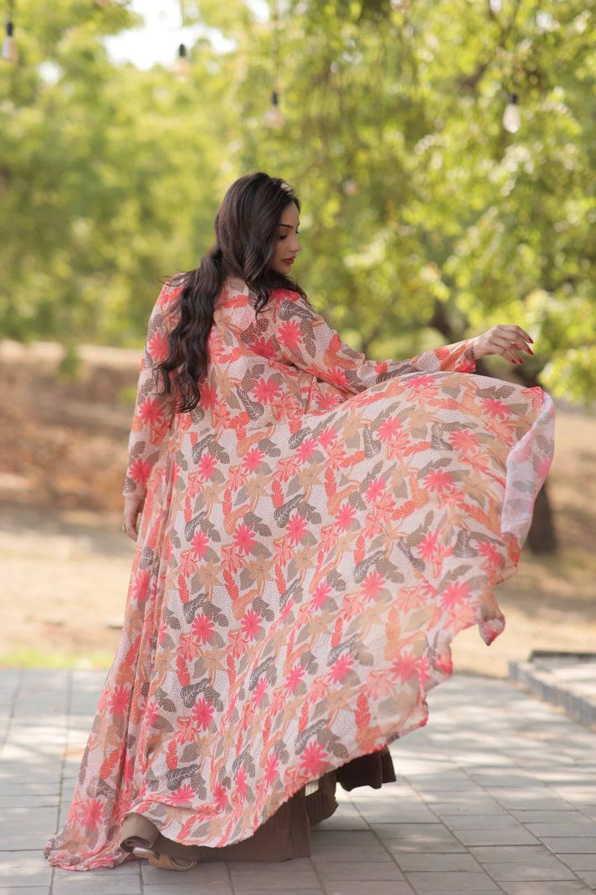 Alluring Faux Georgette Floral Printed Blouse Lehenga Shrug Set - Ethnicwish