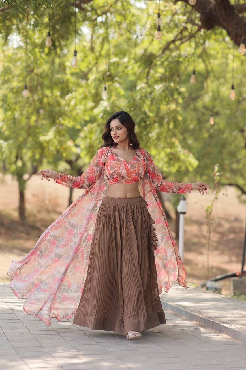 Alluring Faux Georgette Floral Printed Blouse Lehenga Shrug Set - Ethnicwish