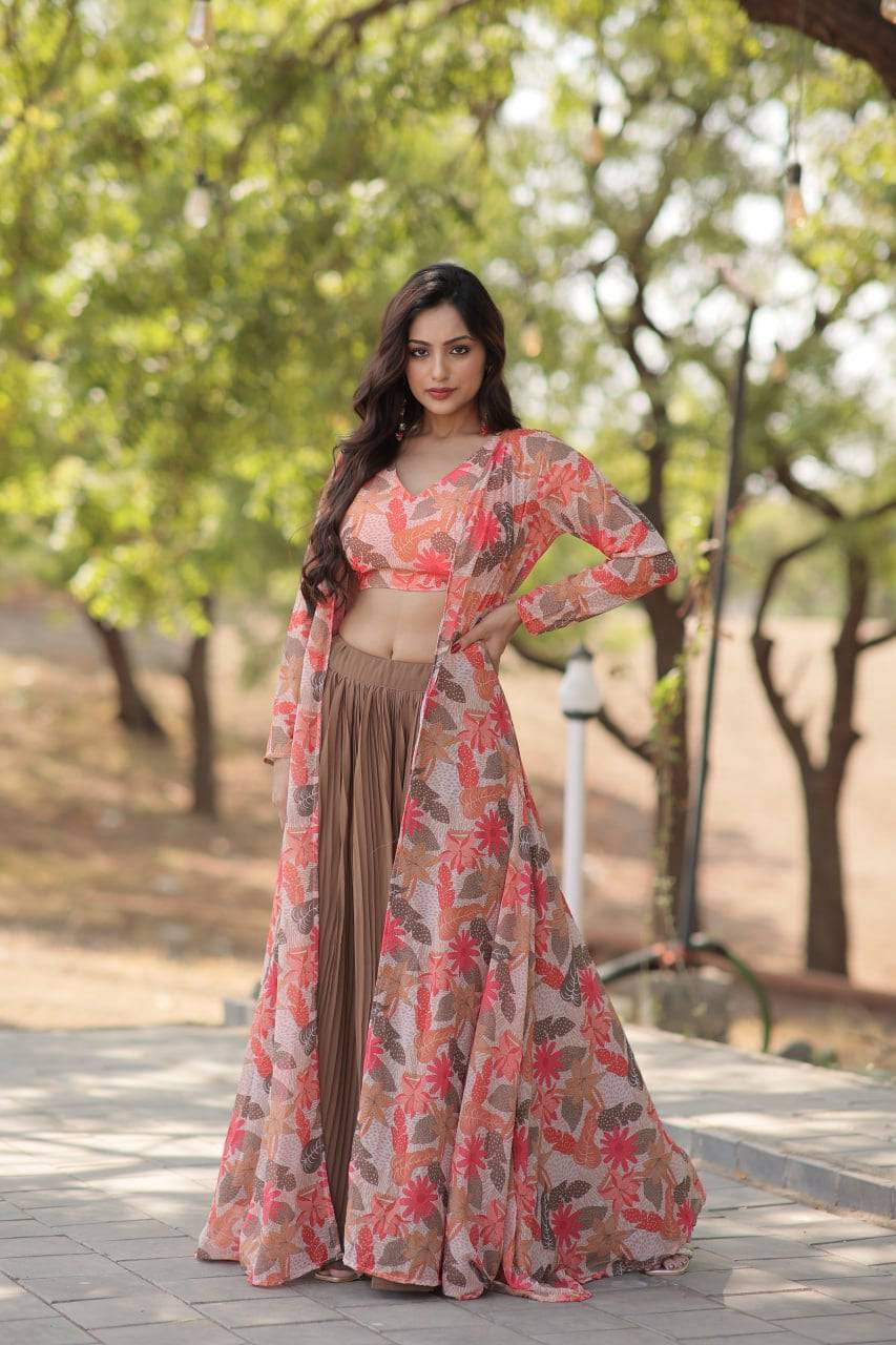 Alluring Faux Georgette Floral Printed Blouse Lehenga Shrug Set - Ethnicwish
