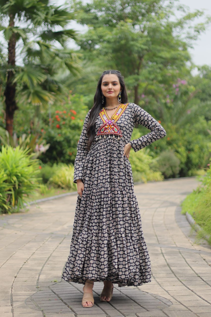 Ravishing Black Cotton Kutchi Gamthi Worked Navratri Gown - Ethnicwish