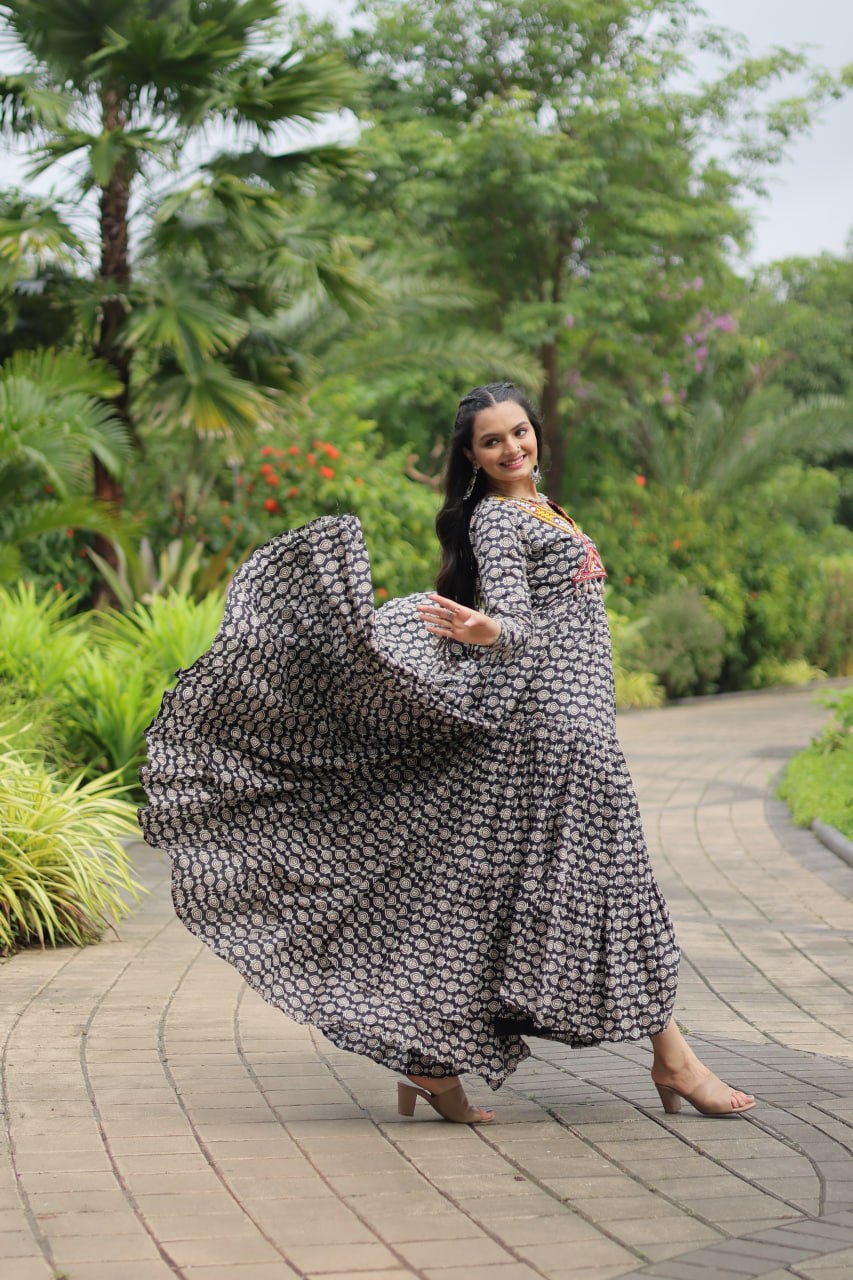 Ravishing Black Cotton Kutchi Gamthi Worked Navratri Gown - Ethnicwish