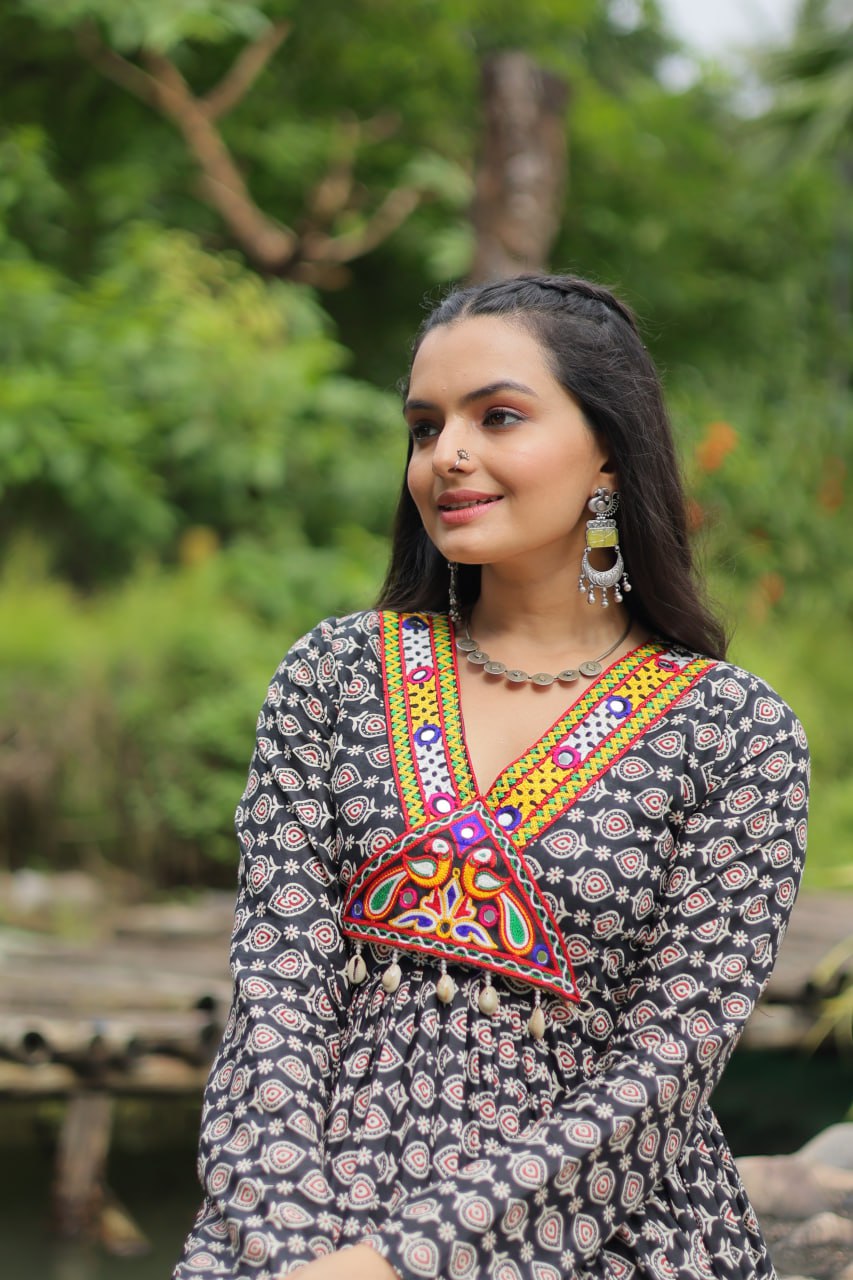 Ravishing Black Cotton Kutchi Gamthi Worked Navratri Gown - Ethnicwish