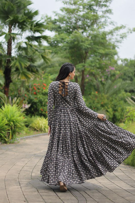 Ravishing Black Cotton Kutchi Gamthi Worked Navratri Gown - Ethnicwish