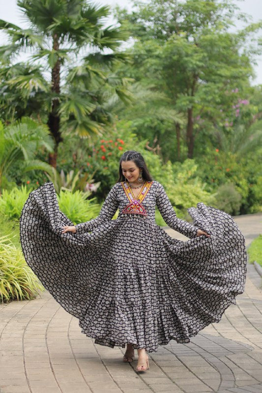 Ravishing Black Cotton Kutchi Gamthi Worked Navratri Gown - Ethnicwish