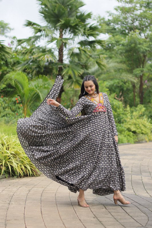 Ravishing Black Cotton Kutchi Gamthi Worked Navratri Gown - Ethnicwish