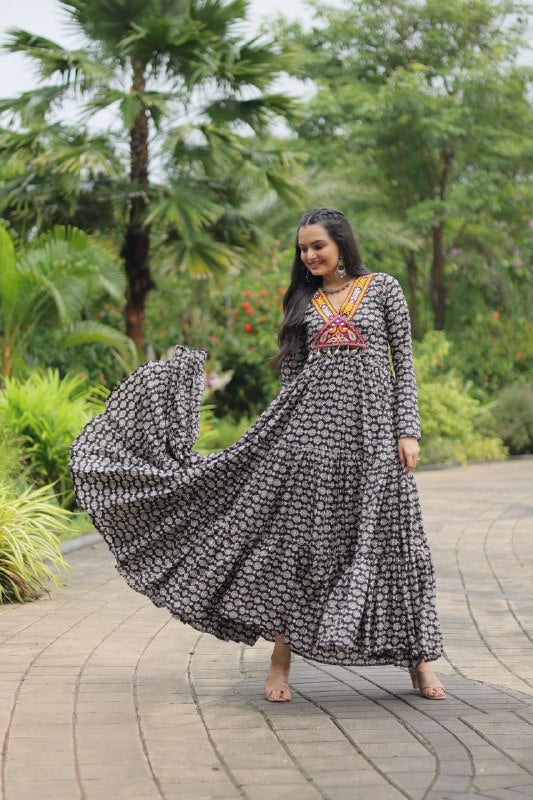 Ravishing Black Cotton Kutchi Gamthi Worked Navratri Gown - Ethnicwish
