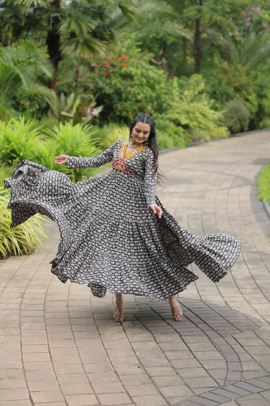 Ravishing Black Cotton Kutchi Gamthi Worked Navratri Gown - Ethnicwish