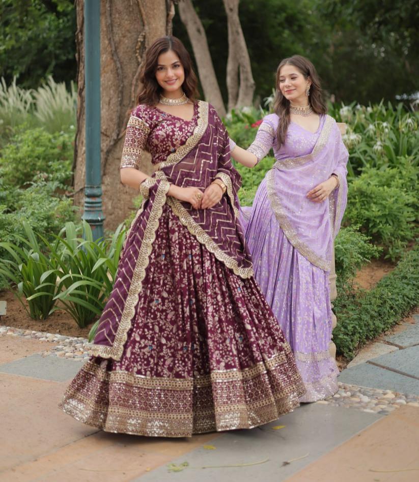 Lovely Viscous Jacquard Sequins Embroidered Lehenga Choli - Ethnicwish