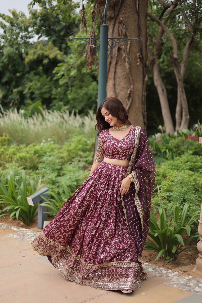 Lovely Viscous Jacquard Sequins Embroidered Lehenga Choli - Ethnicwish