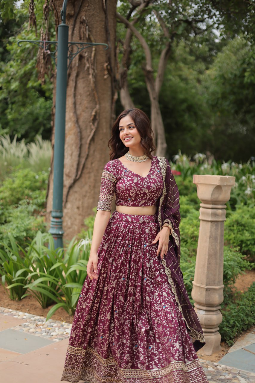 Lovely Viscous Jacquard Sequins Embroidered Lehenga Choli - Ethnicwish