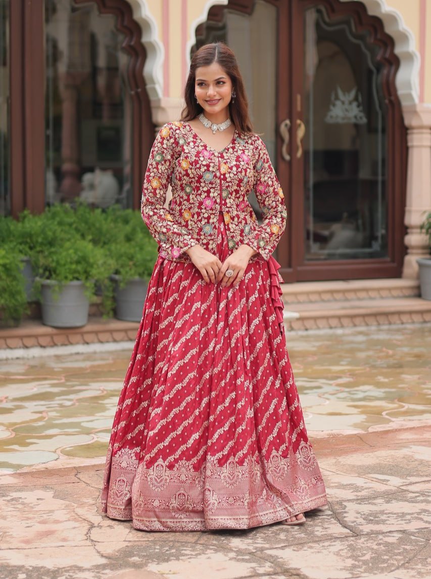 Breathtaking Faux Georgette Sequins Embroidered Top Lehenga Set - Ethnicwish