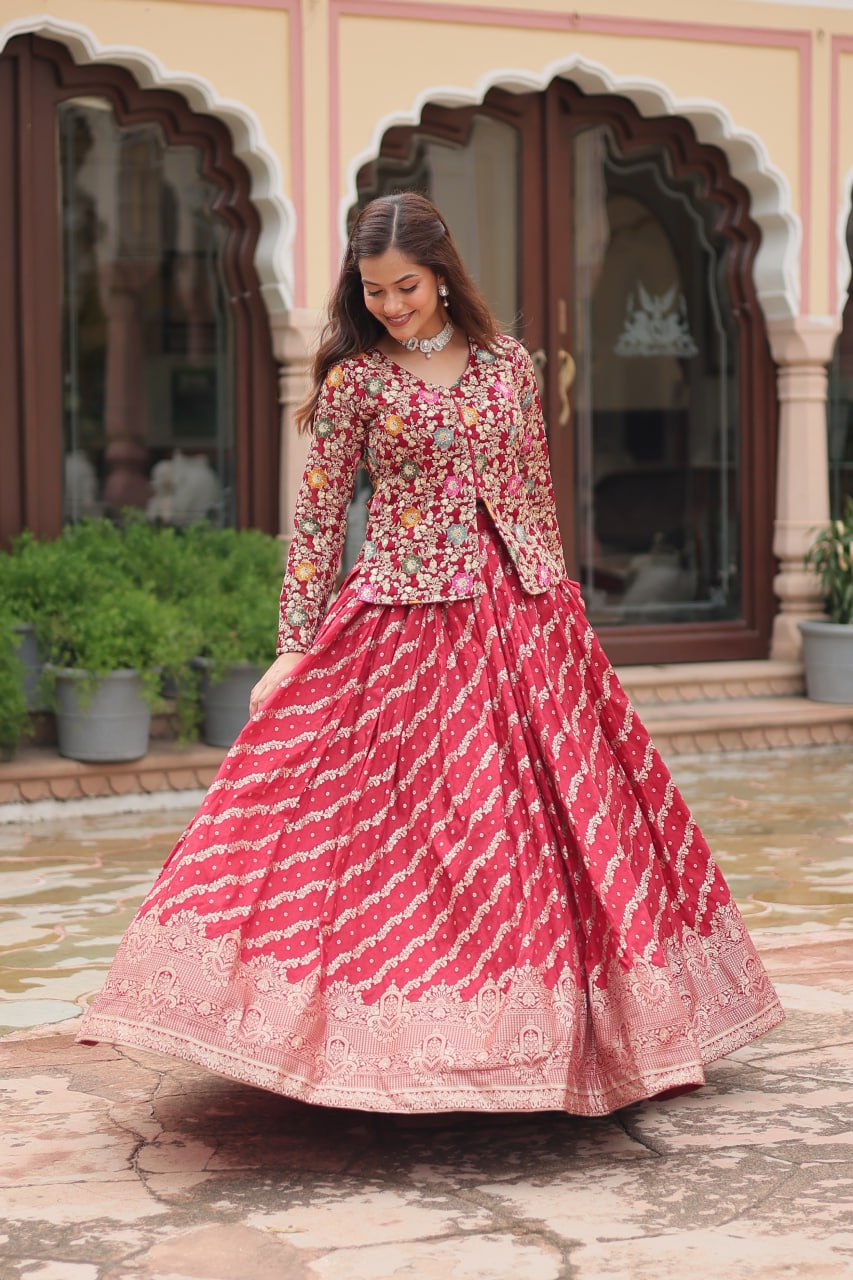 Breathtaking Faux Georgette Sequins Embroidered Top Lehenga Set - Ethnicwish