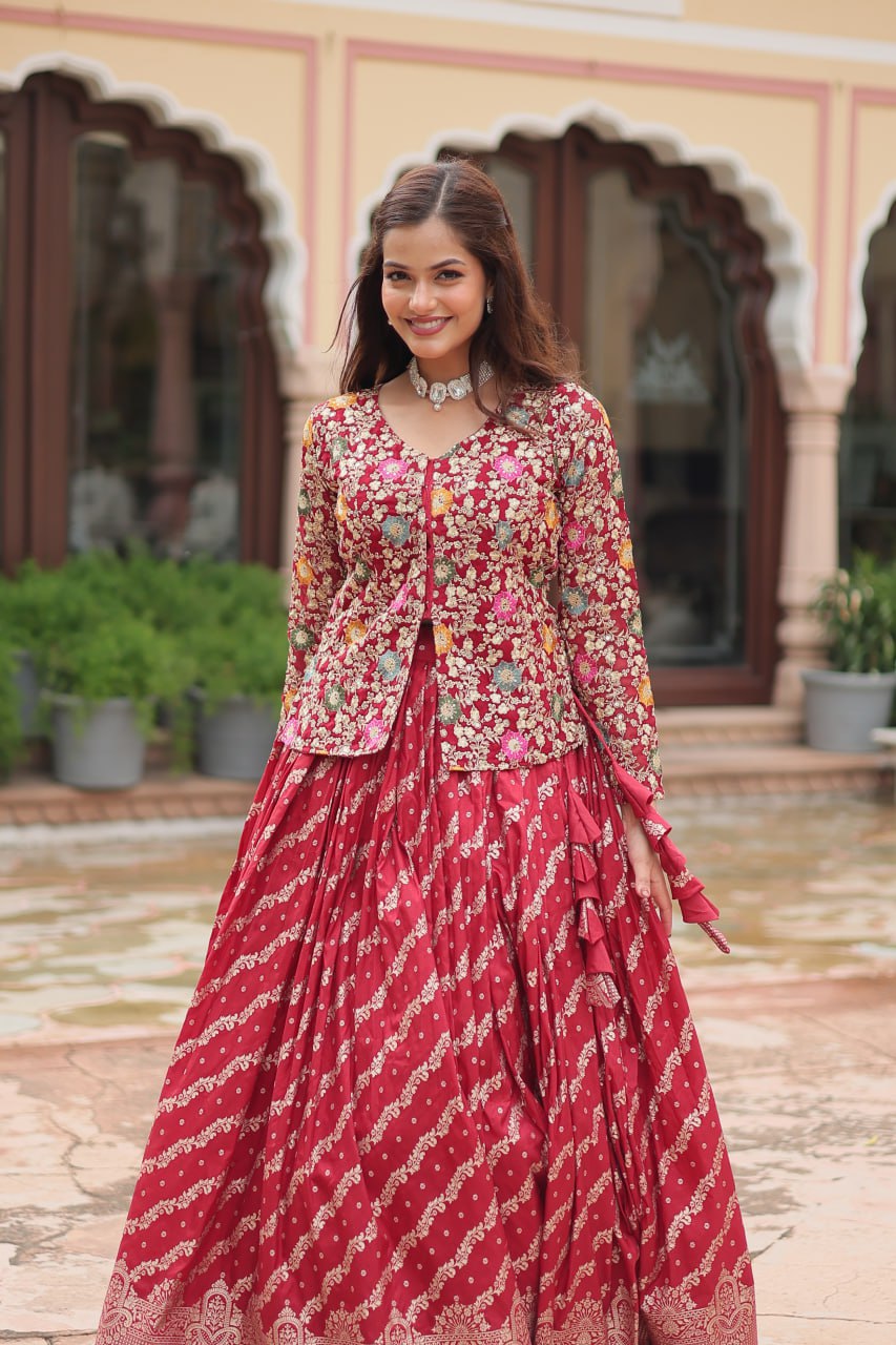 Breathtaking Faux Georgette Sequins Embroidered Top Lehenga Set - Ethnicwish
