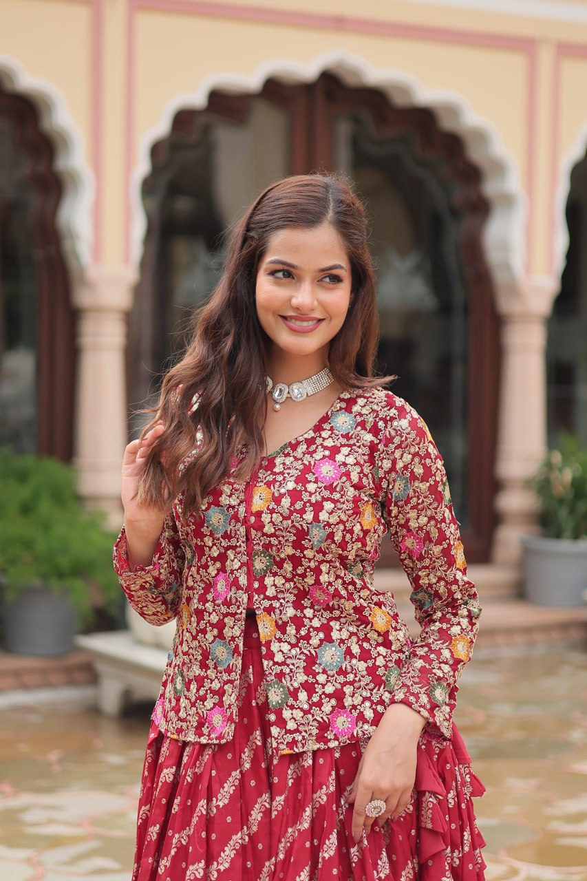 Breathtaking Faux Georgette Sequins Embroidered Top Lehenga Set - Ethnicwish