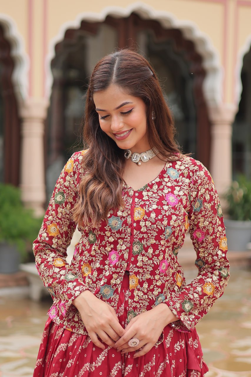 Breathtaking Faux Georgette Sequins Embroidered Top Lehenga Set - Ethnicwish