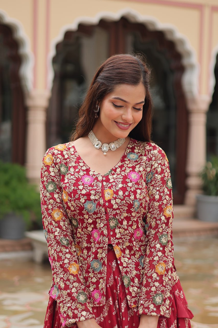 Breathtaking Faux Georgette Sequins Embroidered Top Lehenga Set - Ethnicwish