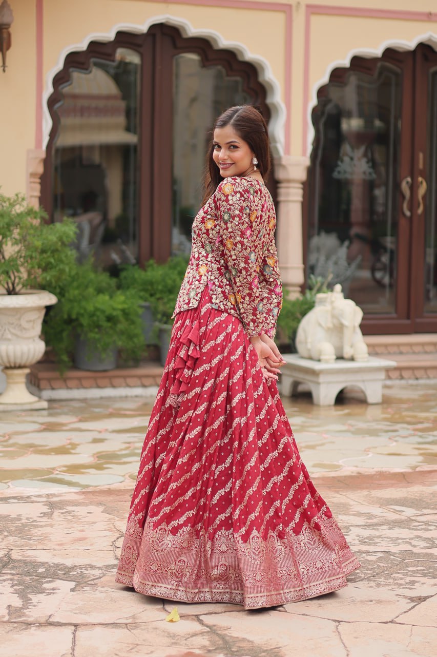Breathtaking Faux Georgette Sequins Embroidered Top Lehenga Set - Ethnicwish