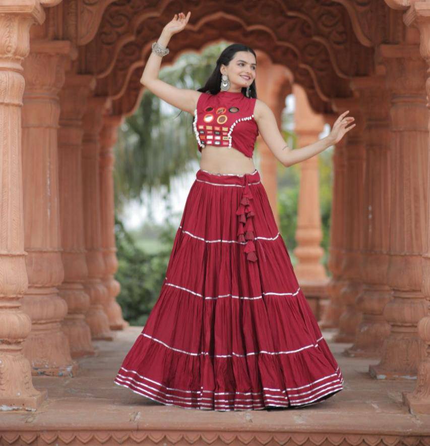 Flourishing Red Navratri Wear Gota Patti Mirror Worked Lehenga Choli - Ethnicwish