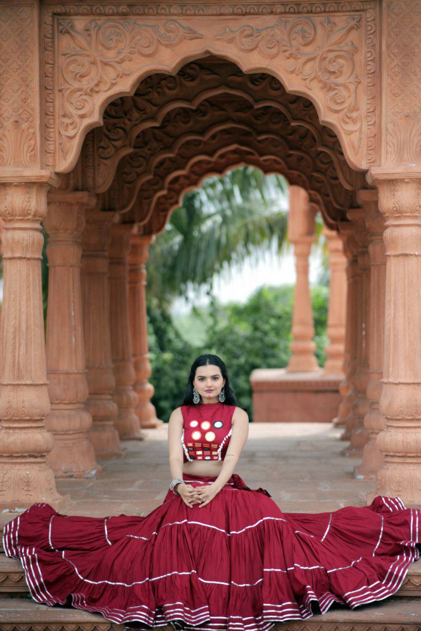 Flourishing Red Navratri Wear Gota Patti Mirror Worked Lehenga Choli - Ethnicwish
