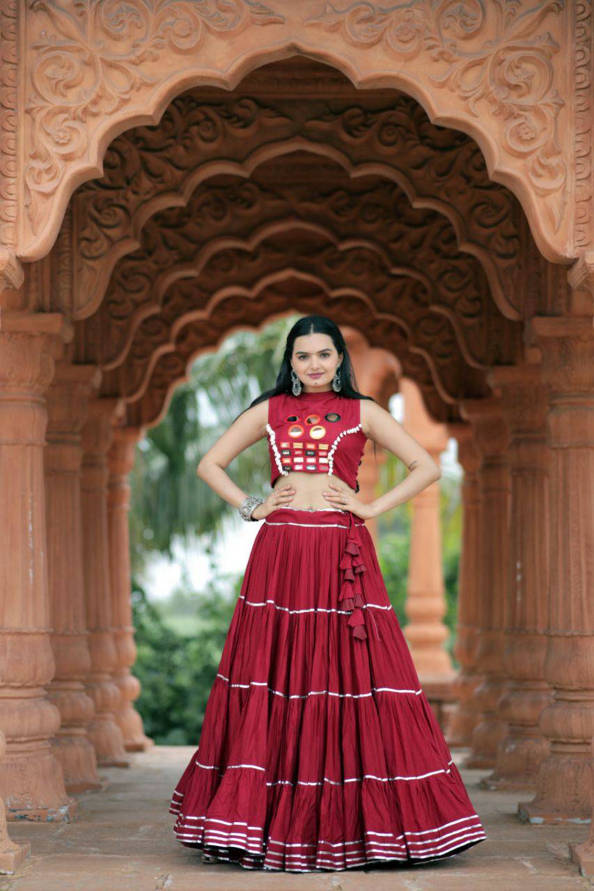 Flourishing Red Navratri Wear Gota Patti Mirror Worked Lehenga Choli - Ethnicwish
