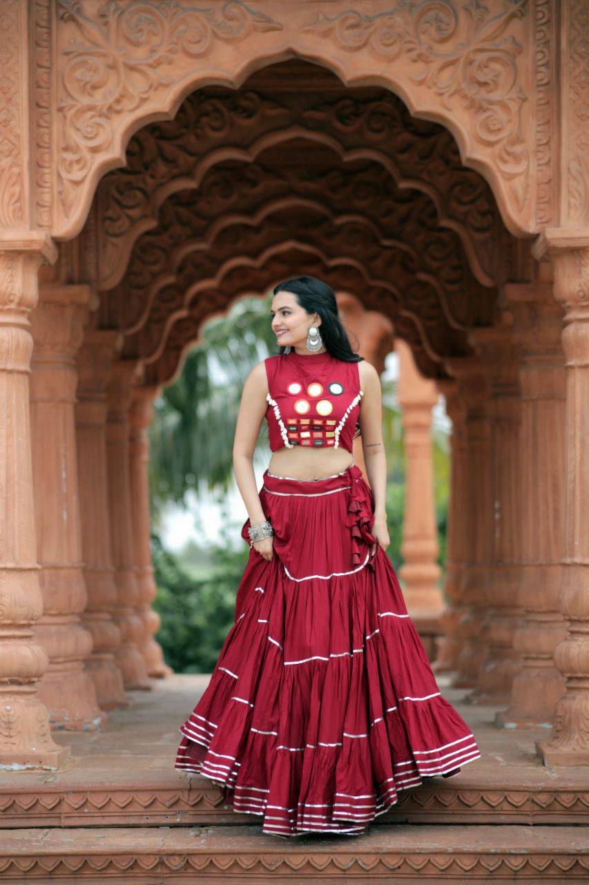 Flourishing Red Navratri Wear Gota Patti Mirror Worked Lehenga Choli - Ethnicwish