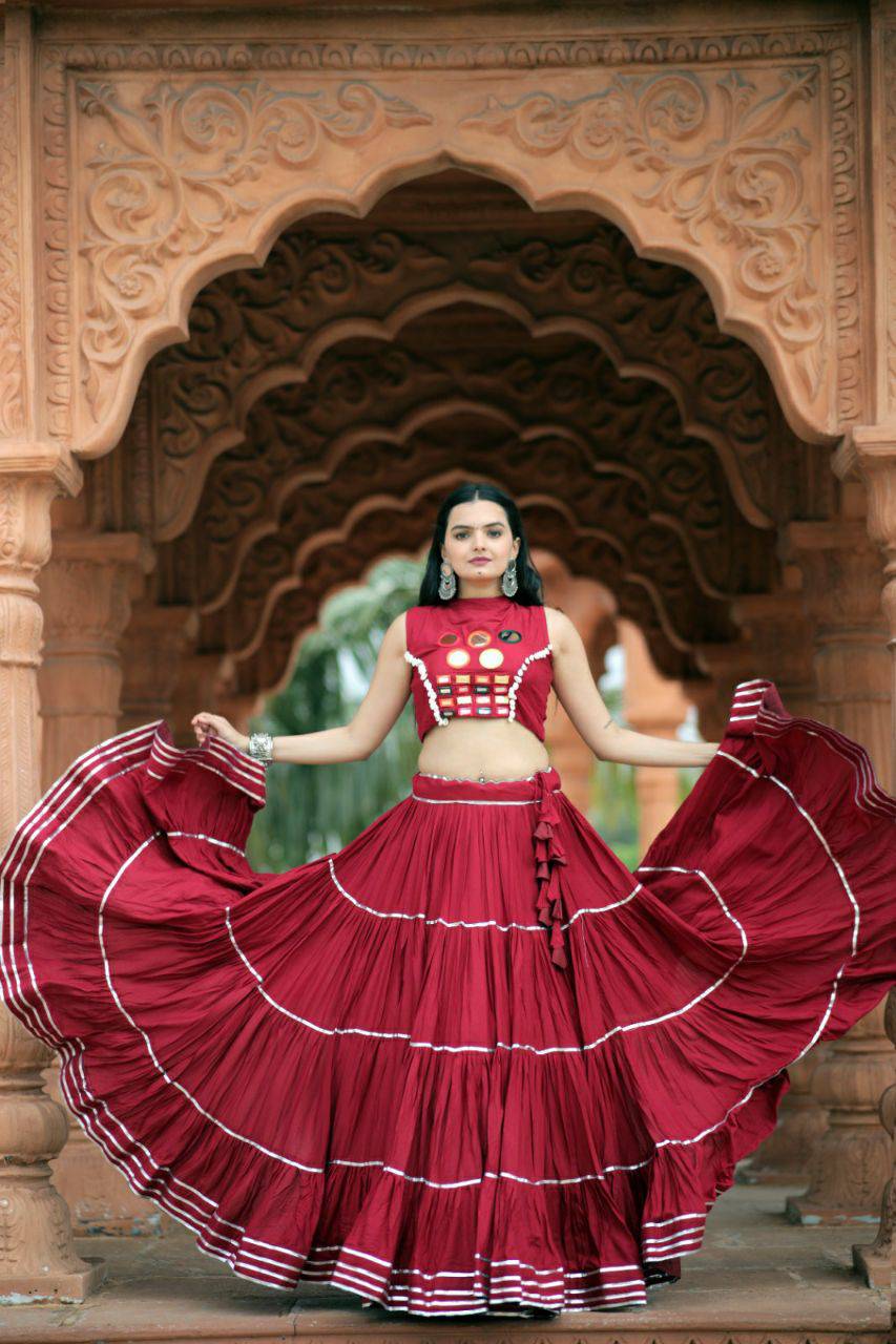 Flourishing Red Navratri Wear Gota Patti Mirror Worked Lehenga Choli - Ethnicwish
