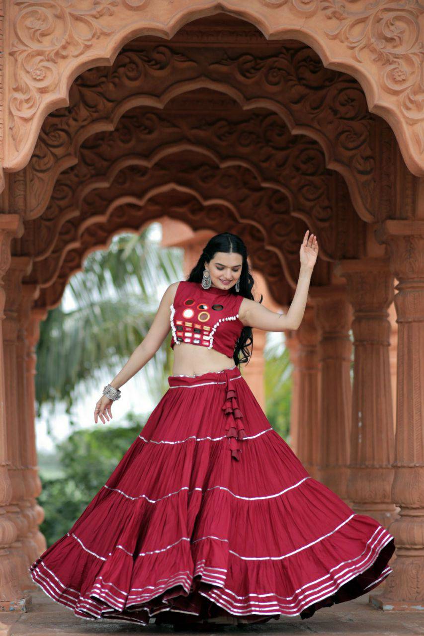 Flourishing Red Navratri Wear Gota Patti Mirror Worked Lehenga Choli - Ethnicwish