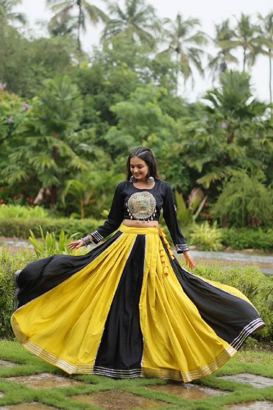 Luminous Yellow Black Navratri Wear Designer Lehenga Choli - Ethnicwish
